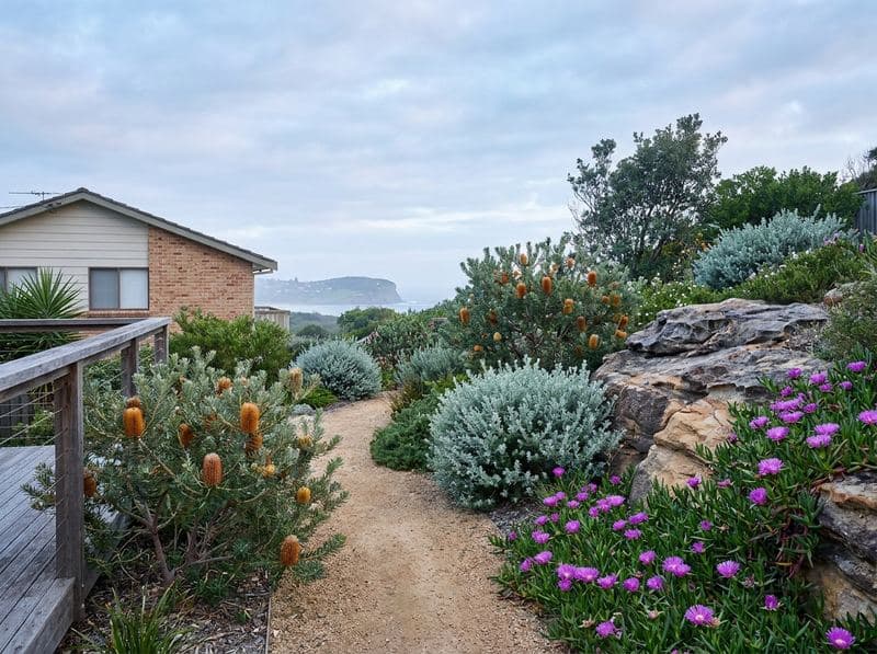 Restored coastal garden with banksia and westringia overlooking Northern Beaches headland
