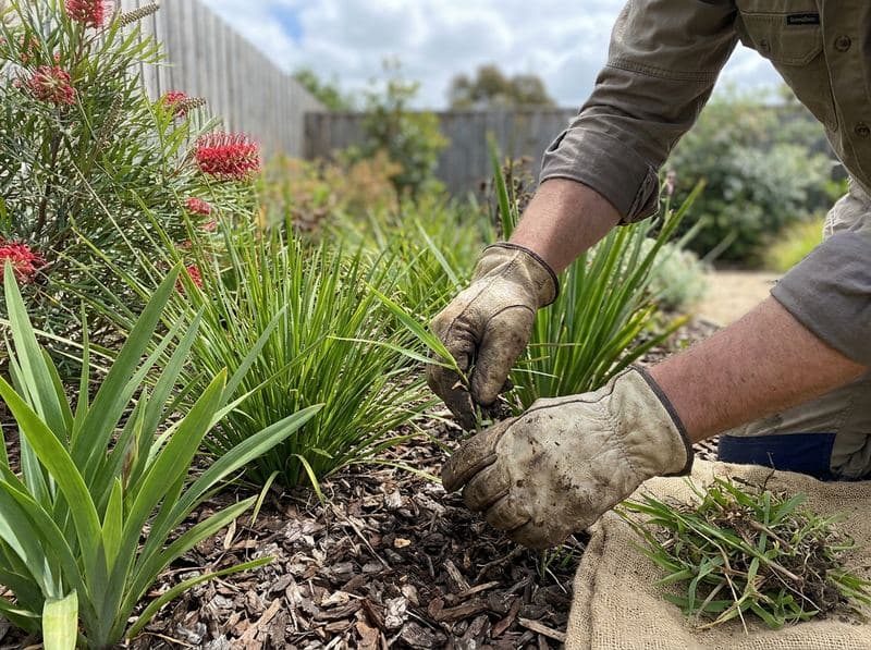 Hands in work gloves carefully weeding a native garden bed with lomandra and dianella