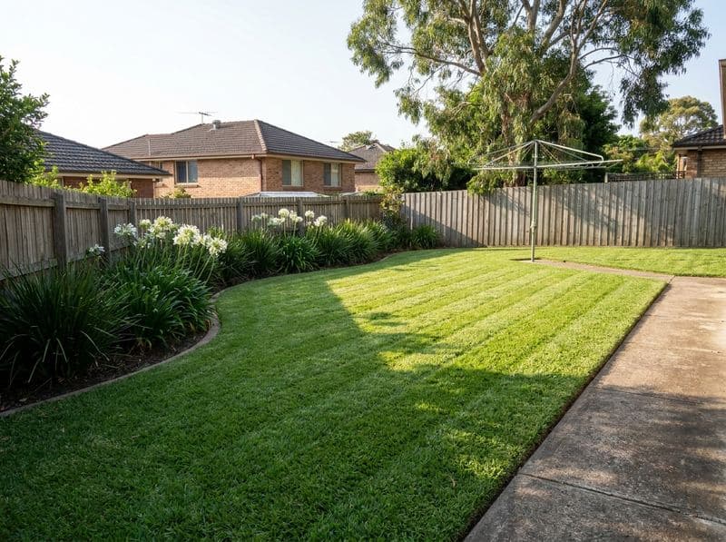Cleanly mowed buffalo grass with crisp stripe lines and neat garden edge
