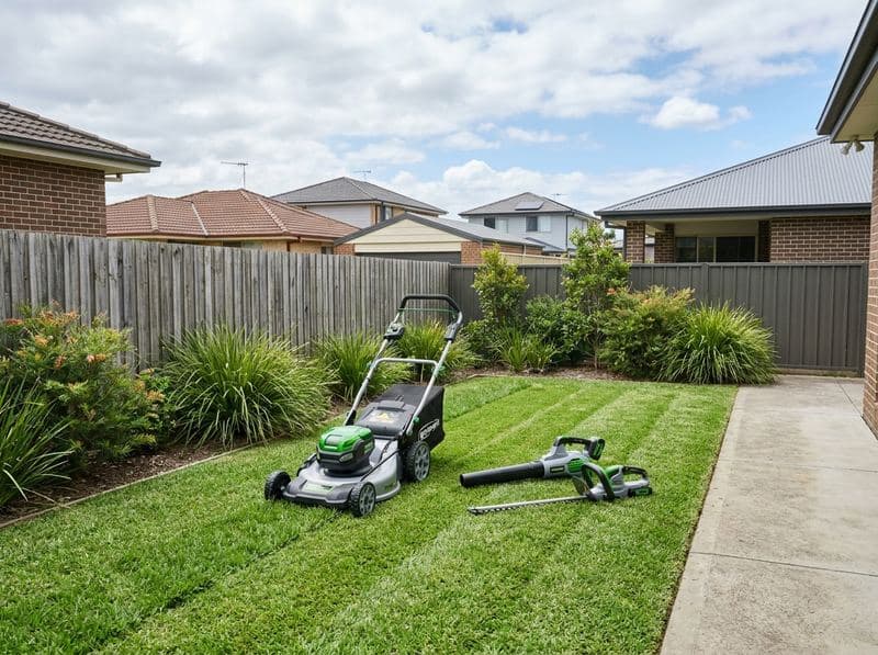 Silent electric mower and hedge trimmer on a freshly mowed residential lawn